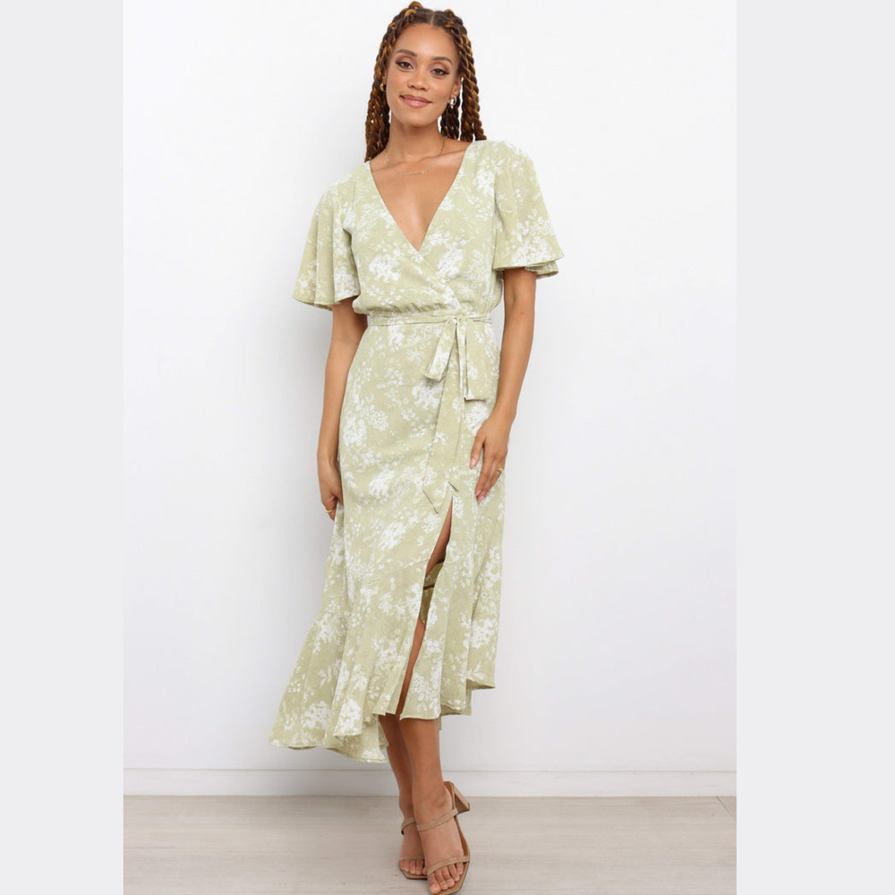 NWT, Here Comes the Sun Wrap Floral Pistachio Midi Dress Size XS
